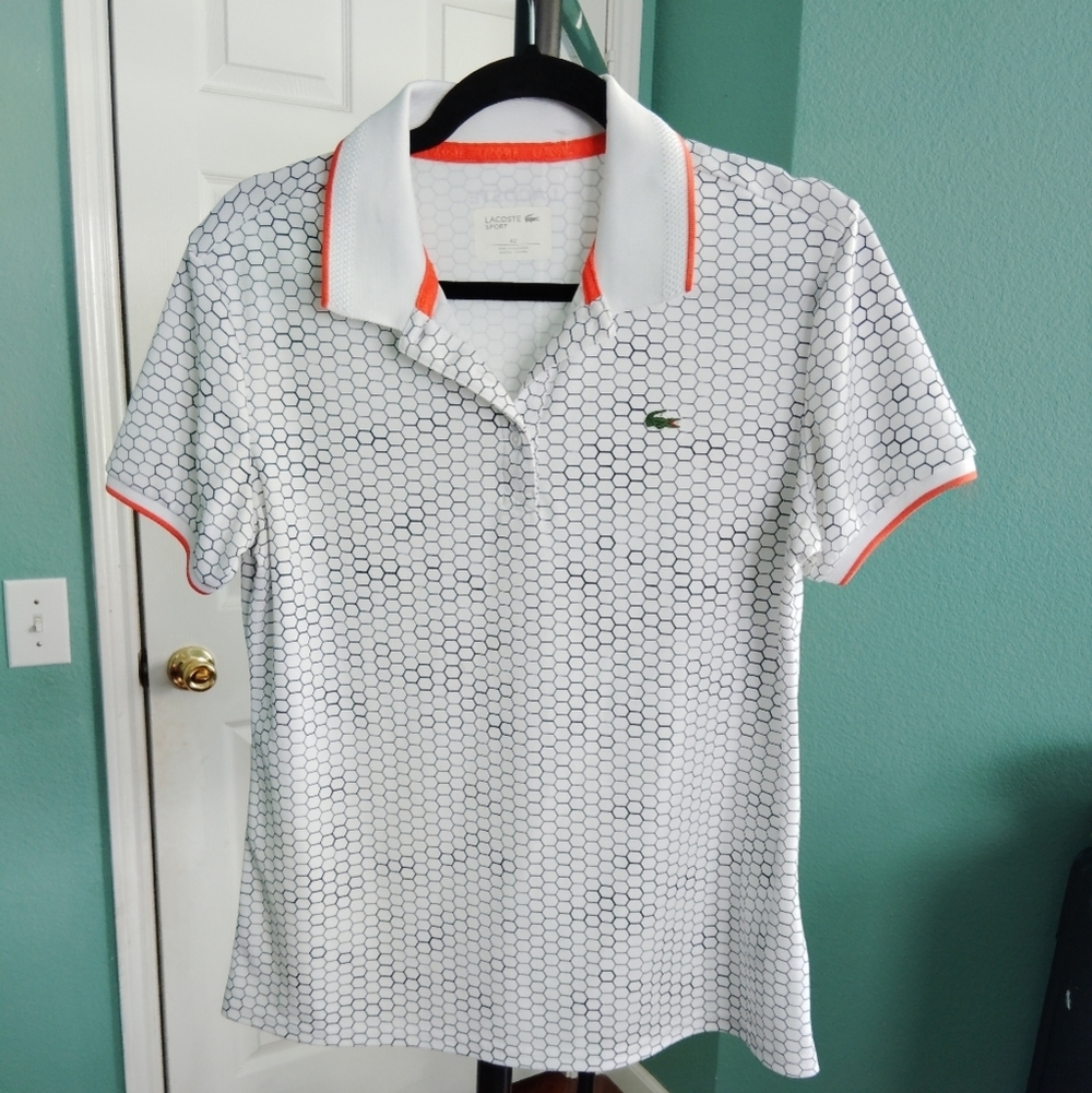 Lacoste Polo Shirt Size 42 White Geometric Pattern Short Sleeve Collared E J-9